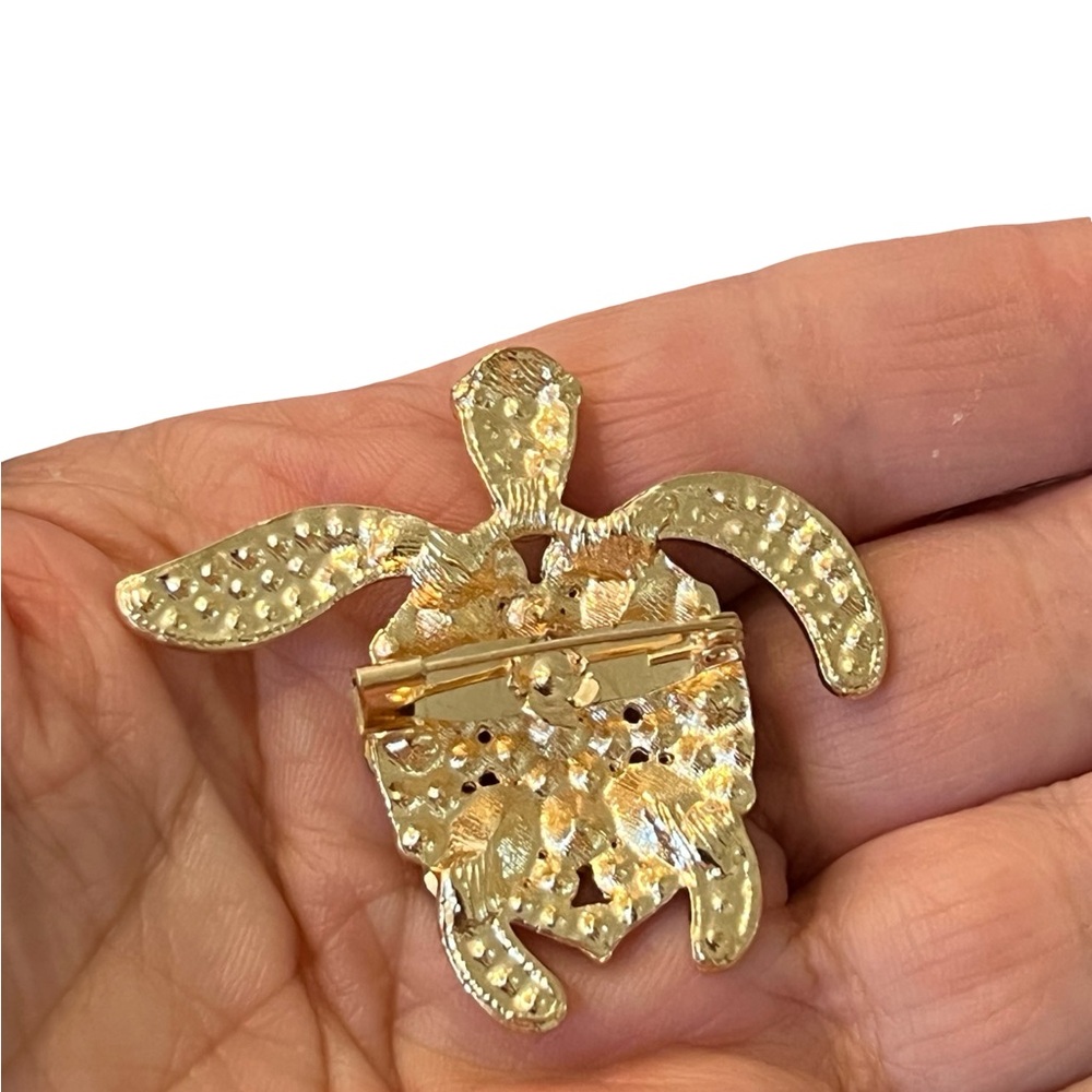 Gold Turtle Brooch with Blue Rhinestones - Picture 2 of 4